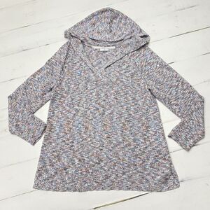 J Jill Women's VNeck Multicolored Marled Cotton Blend Pullover Hoodie Sweater PM